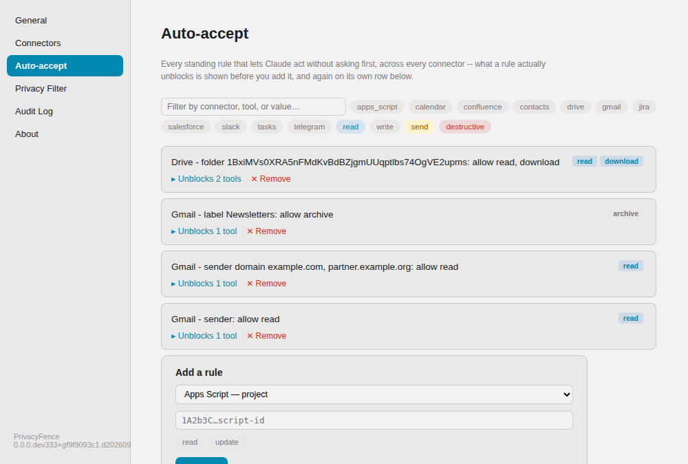 PrivacyFence Settings, Auto-accept page, showing a filterable list of rules rendered as plain-language sentences with verb chips, and an add-a-rule form