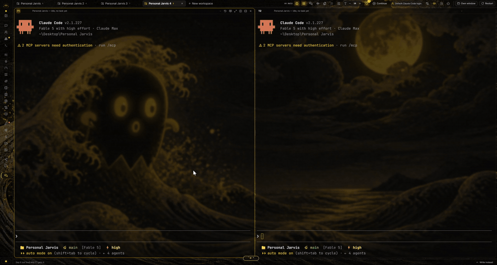 Two coding agents side by side in the Agentic IDE, one receiving a prompt with its full mission brief while its thinking counter runs
