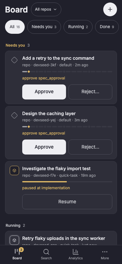 The board at a 390px phone viewport, with bottom tab navigation