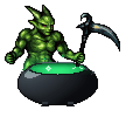 Nergal, a green horned demon, stirring a glowing cauldron with a scythe until the poison spills over the rim