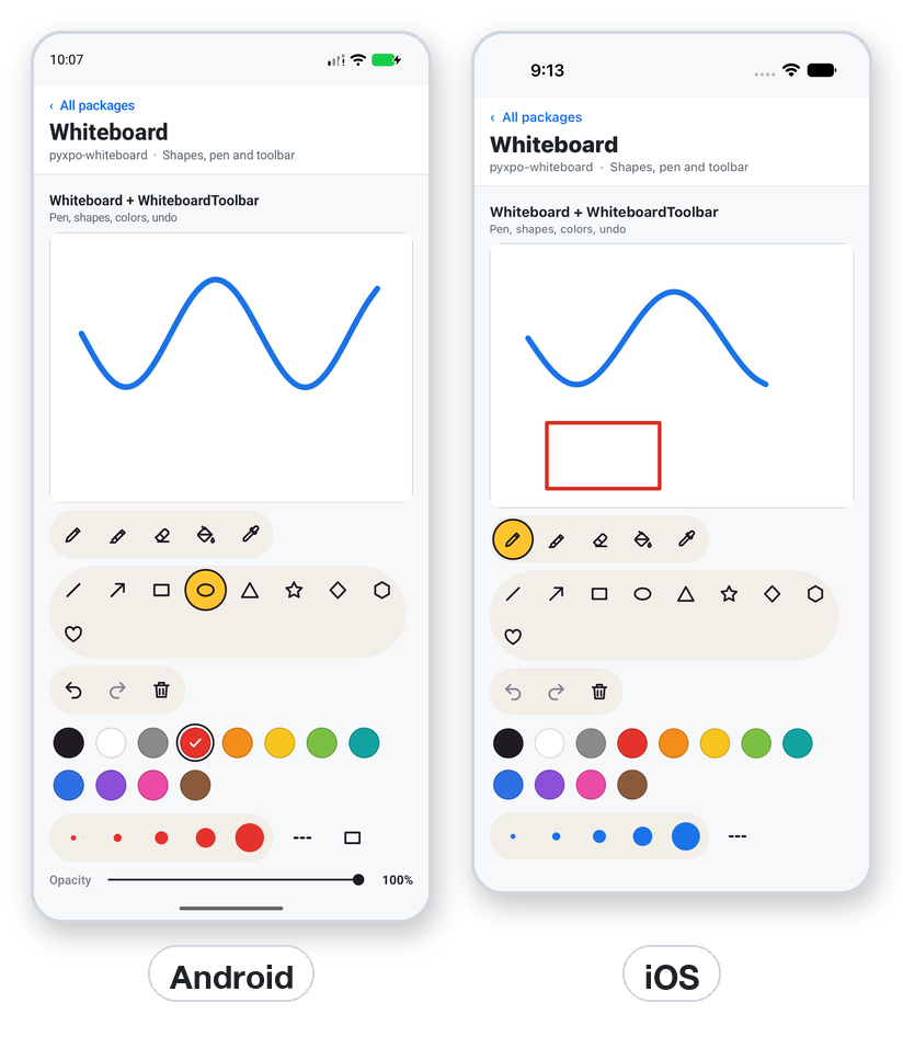 The whiteboard with its toolbar on Android and iOS: a blue curve and, on iOS, a red rectangle