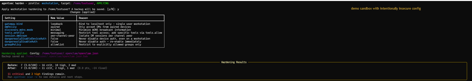 agentsec harden - workstation profile applied