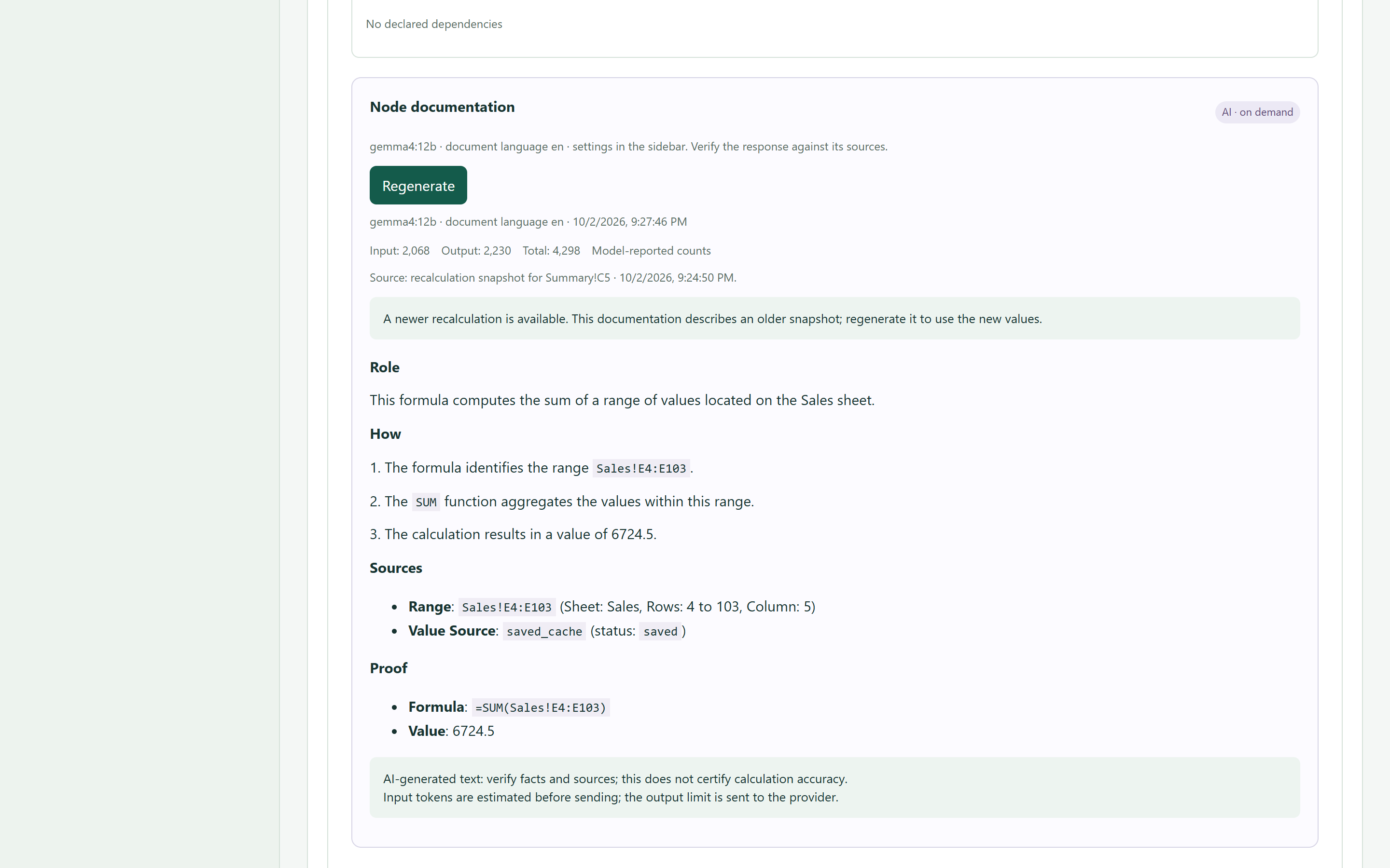Selected node with AI documentation and separate token counts