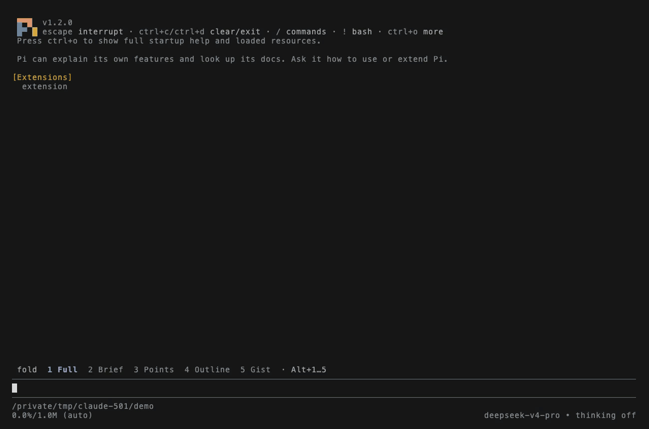 A reply in Pi folding a level at a time, from the full text down to its answer in one sentence, one key each