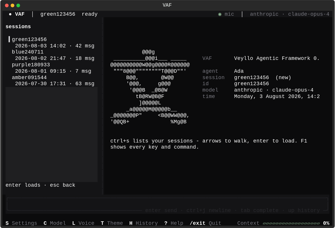 The full-screen terminal app with the sessions panel open: every conversation, walkable, enter loads
