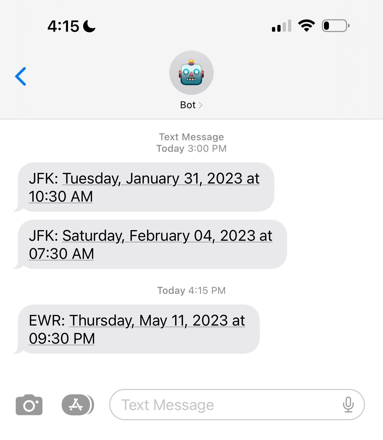 example of messages sent by bot