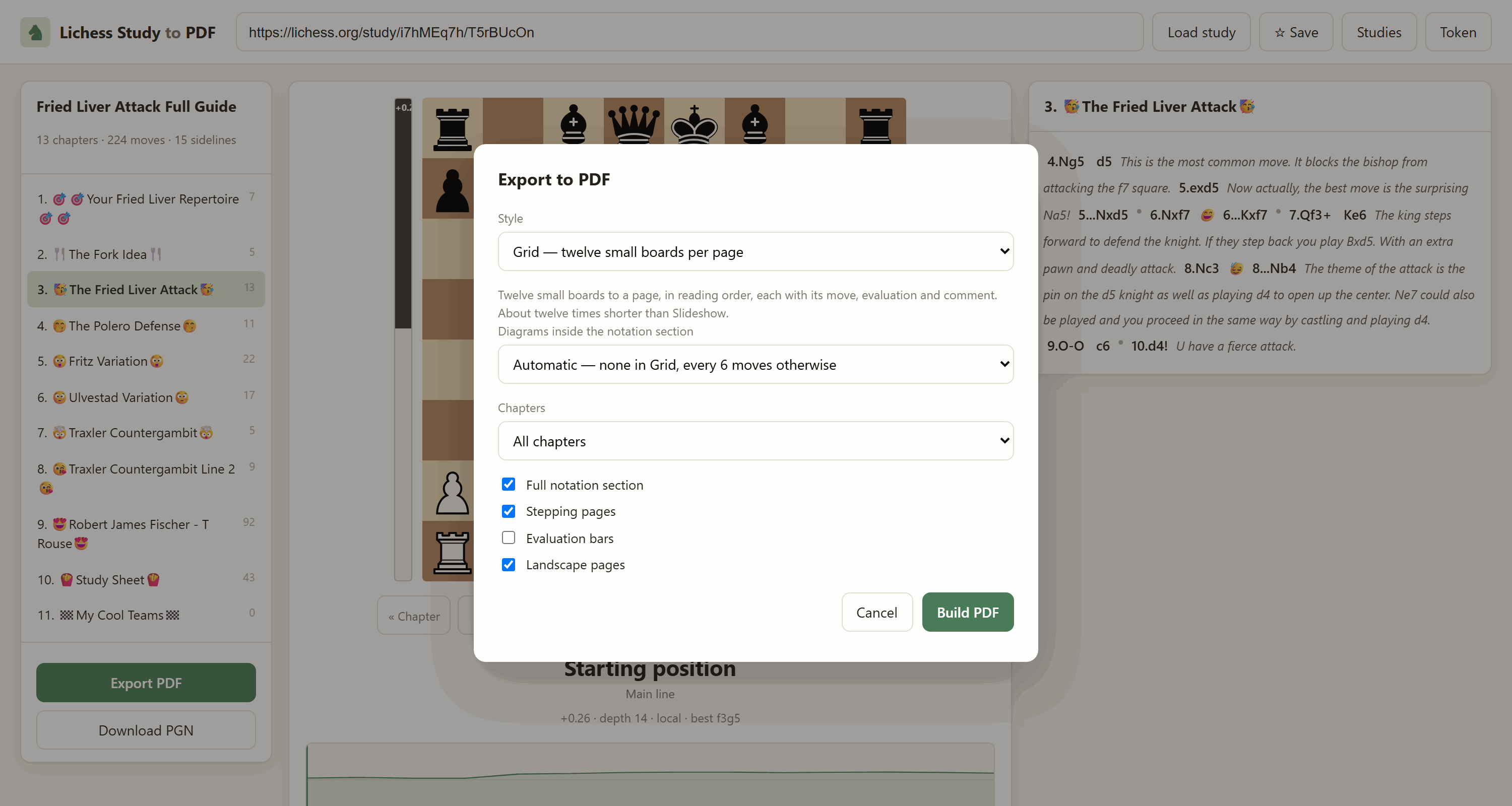 The Export to PDF dialog: a style picker, the diagram policy, a chapter subset, and tick boxes for the notation section, stepping pages, evaluation bars and landscape pages