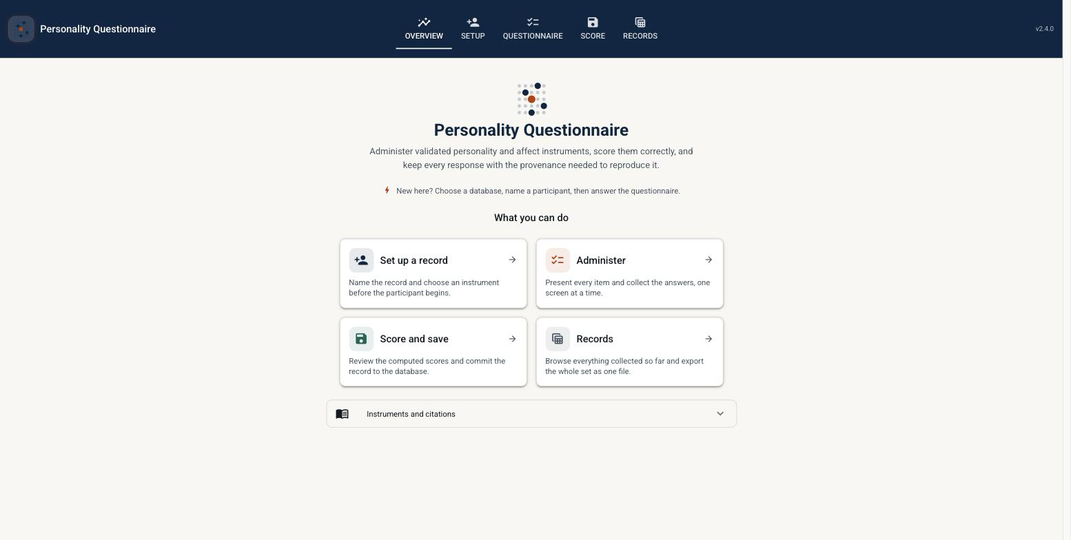 Landing page of the Personality Questionnaire application