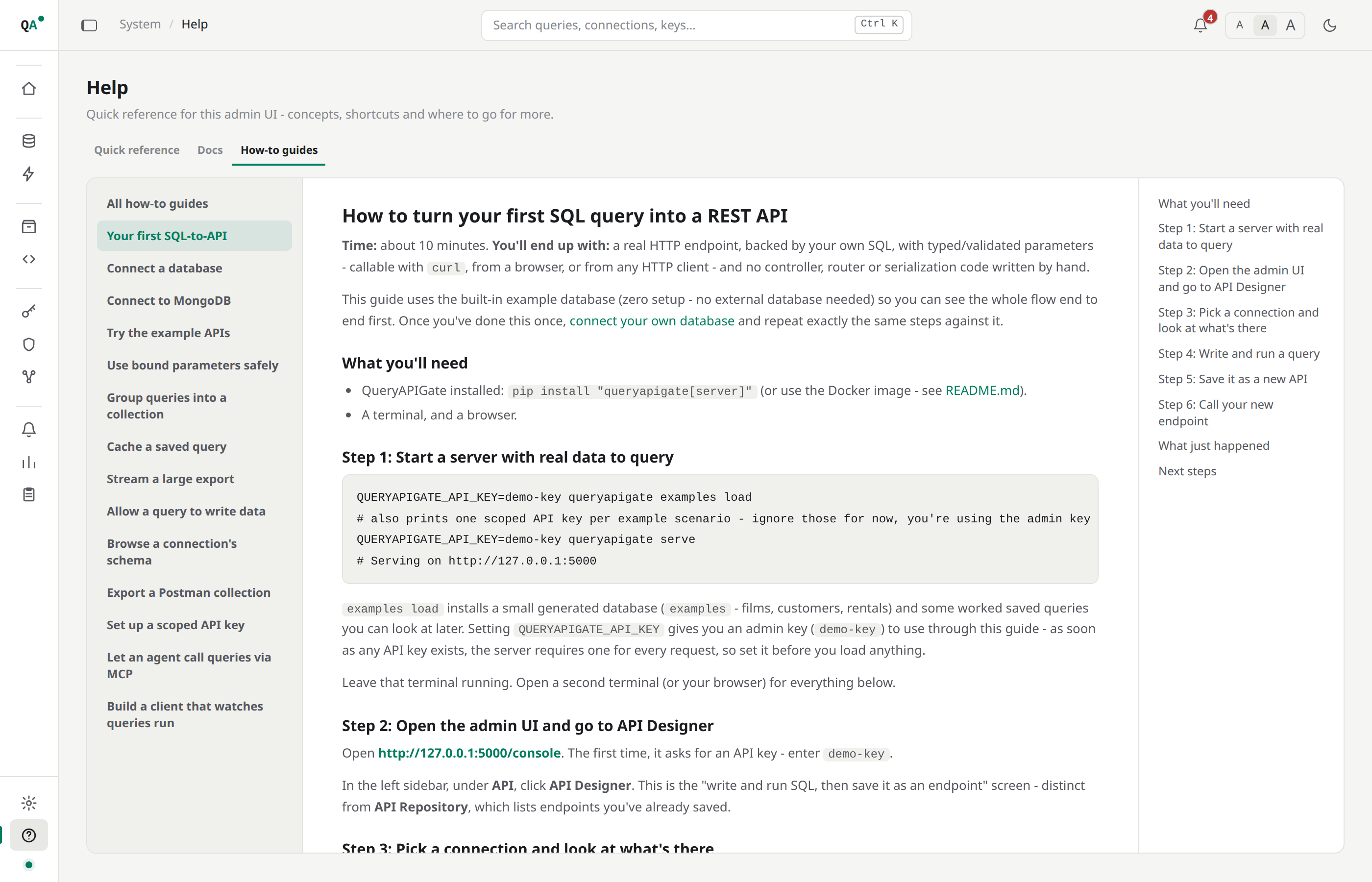 Help: the how-to guides browsed inside the Console, with an On this page list of the guide's sections