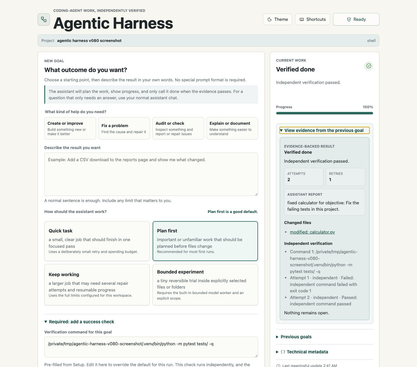 Agentic Harness showing a verified completed task