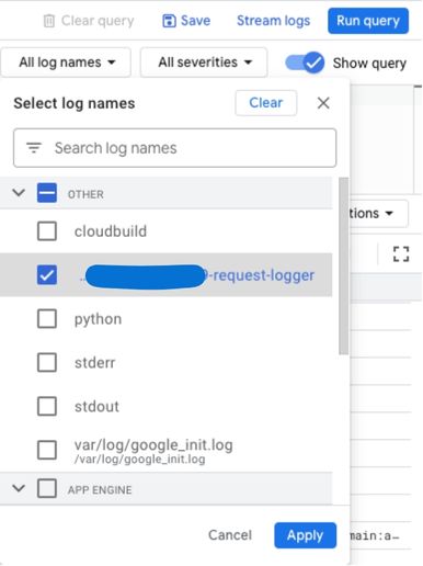 Logger selection in google cloud log explorer