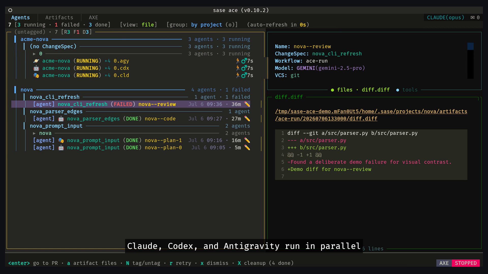SASE ACE launching one GitHub prompt as three live Claude, Codex, and Antigravity agents, then killing them from the Agents tab