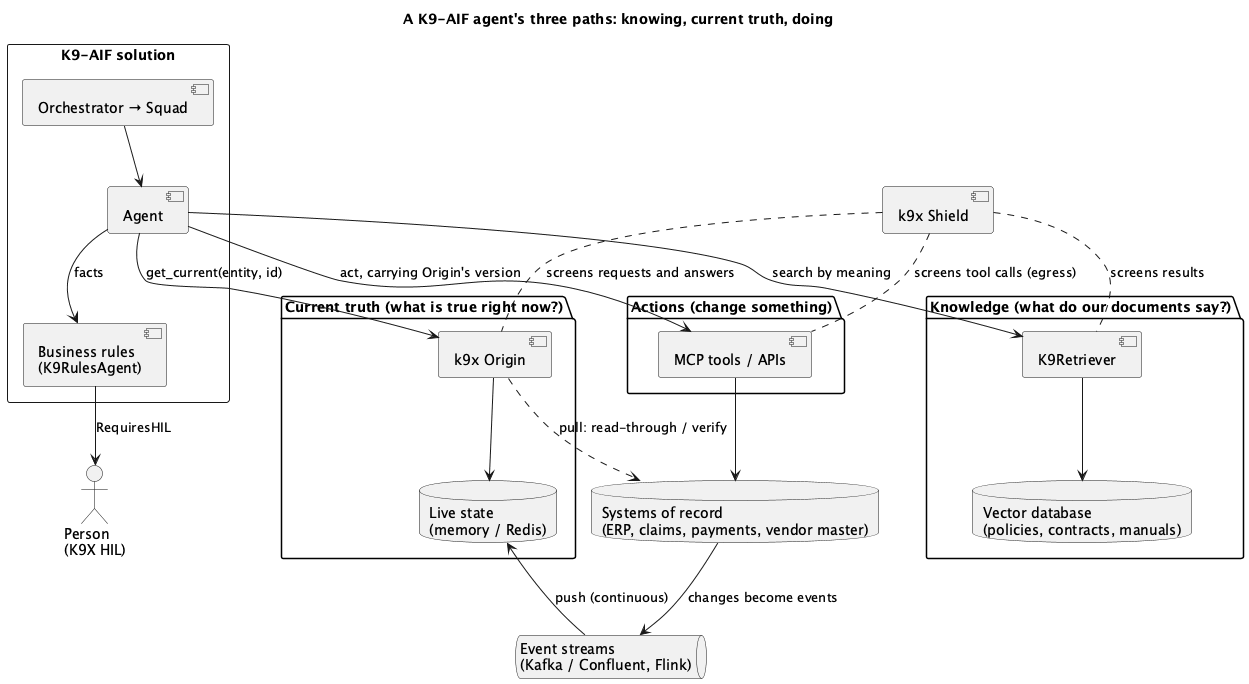 An agent's three paths: knowledge, current truth (k9x Origin), actions
