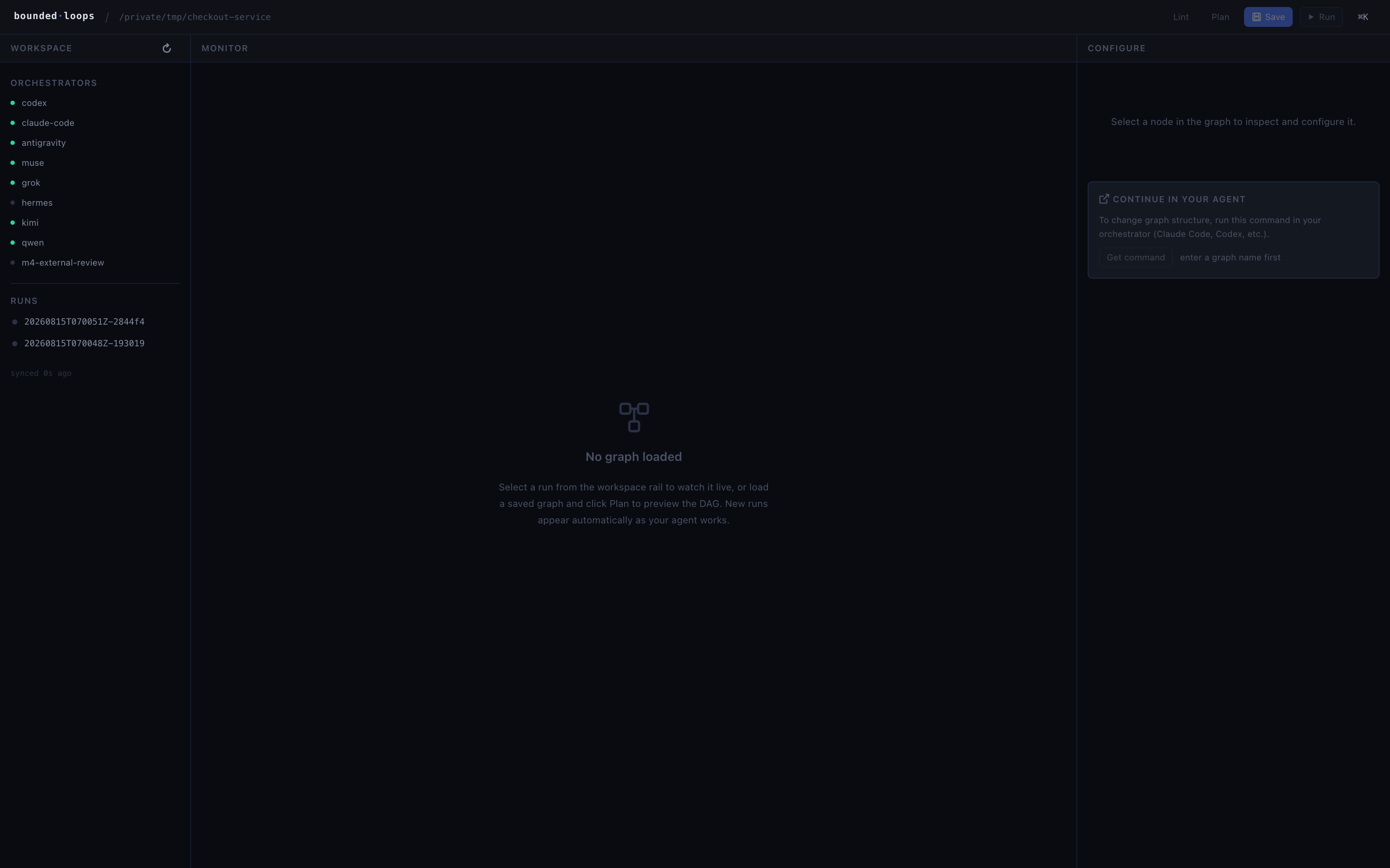 The monitor's workspace rail listing detected orchestrators and runs
