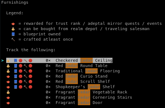 Manage furnishings menu