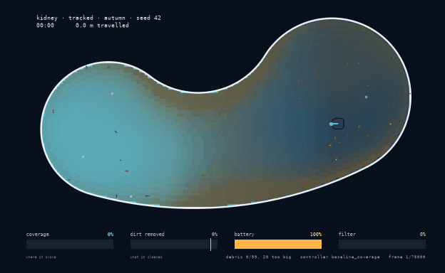 Replay of a cleaning run: the robot traces the pool while the cleaned swath and remaining dirt update live