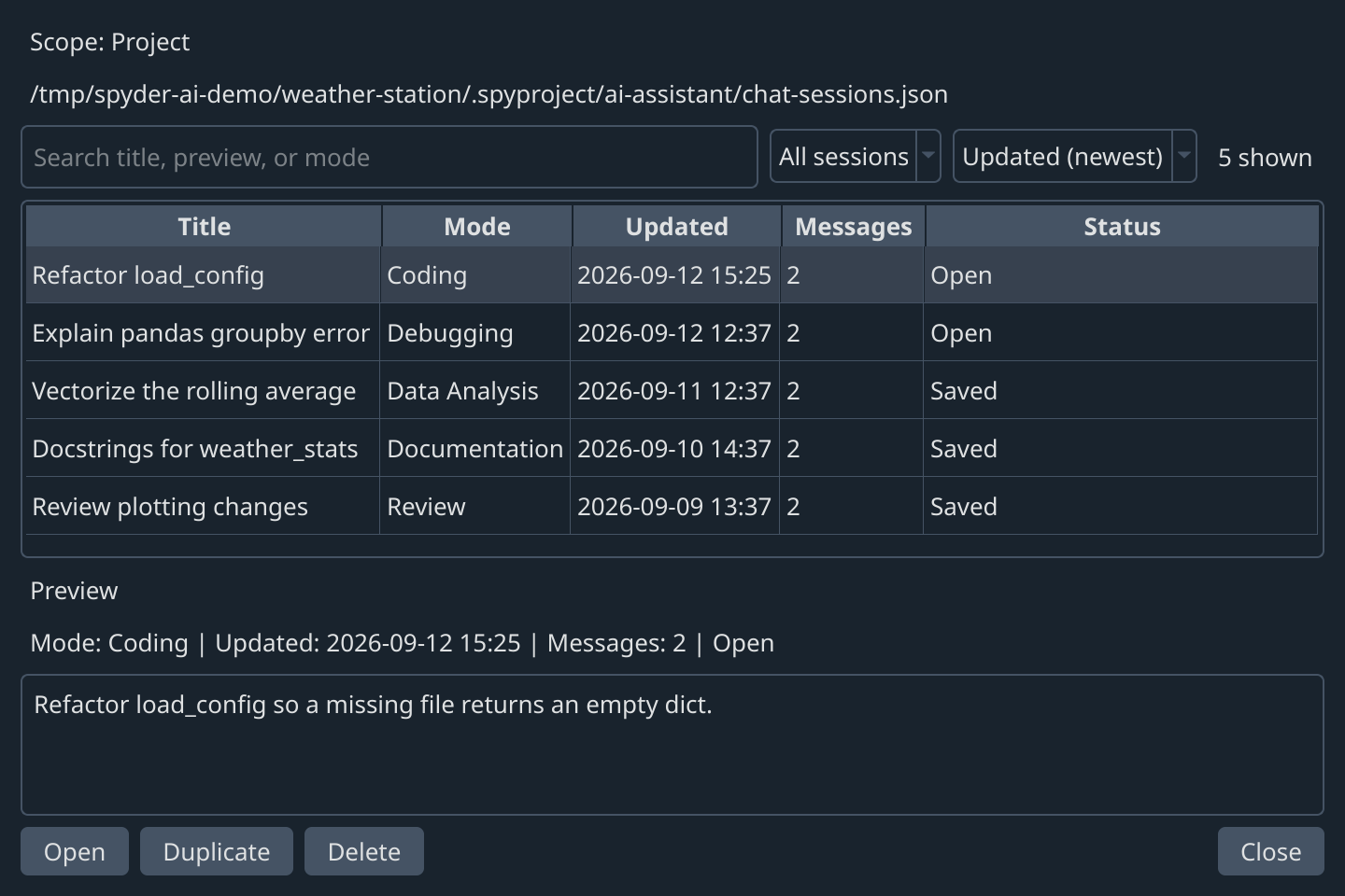 Chat history browser listing saved sessions