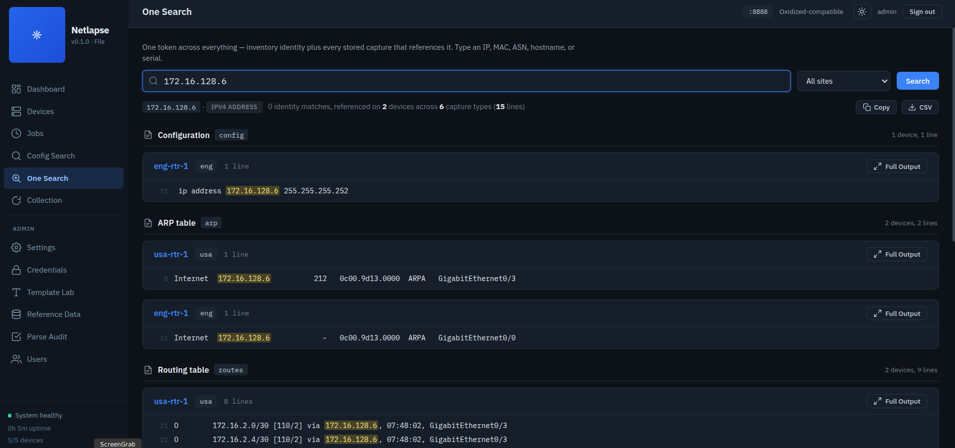 One Search — one token across inventory and every capture, grouped by capture type