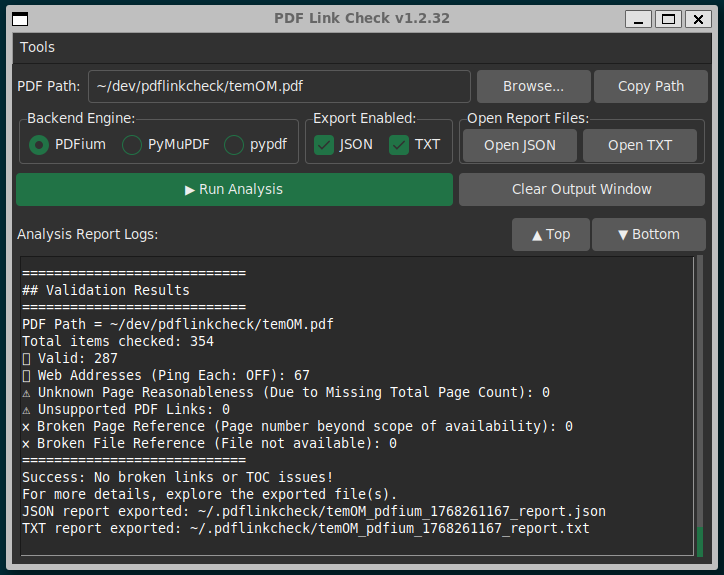 Screenshot of the pdflinkcheck GUI