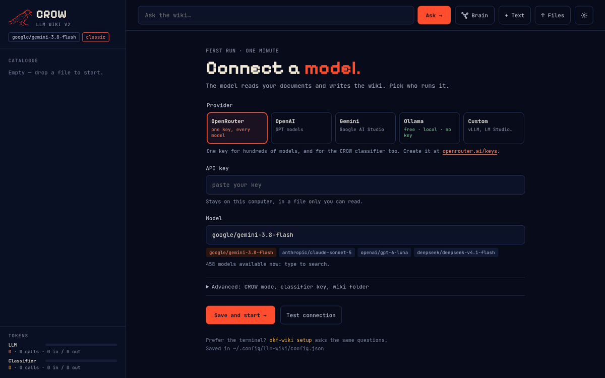The first-run page: pick a provider, paste its key, choose a model