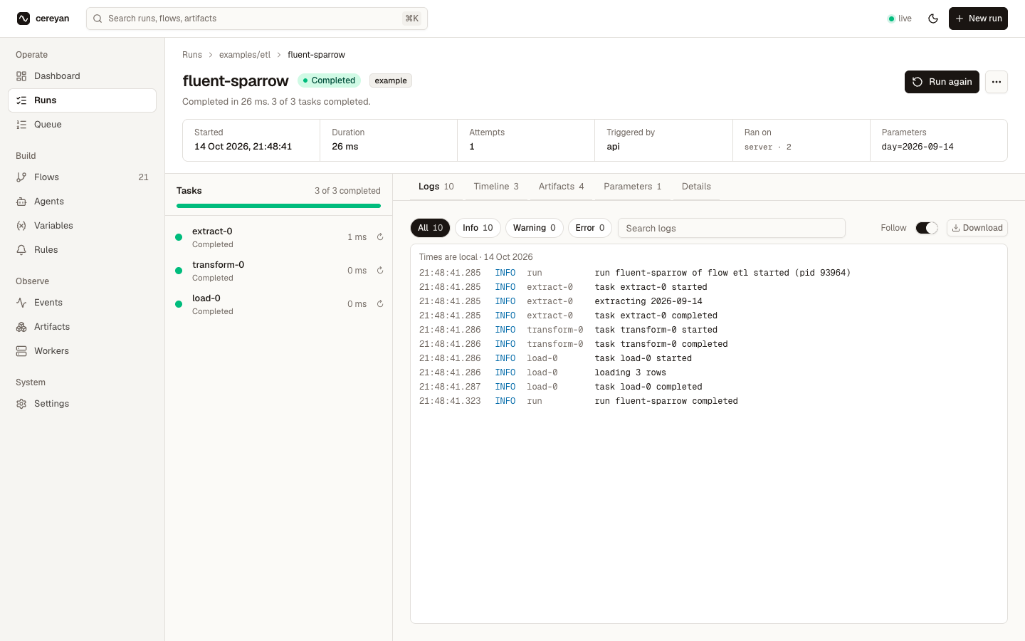 Run detail: a summary sentence, the facts grid, the tasks rail with states in words, and the log lines with level chips, search and Follow