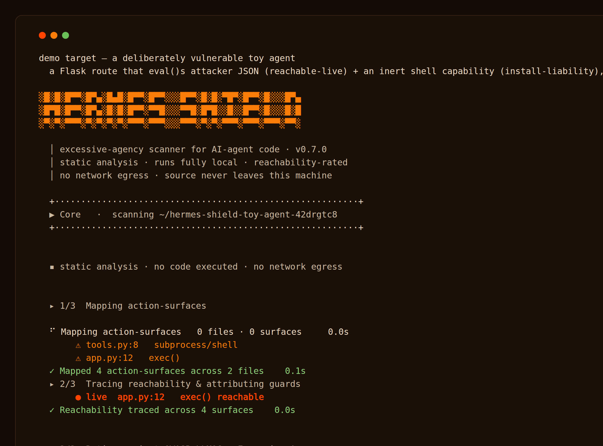 Hermes Shield Scanner running a live scan in the terminal