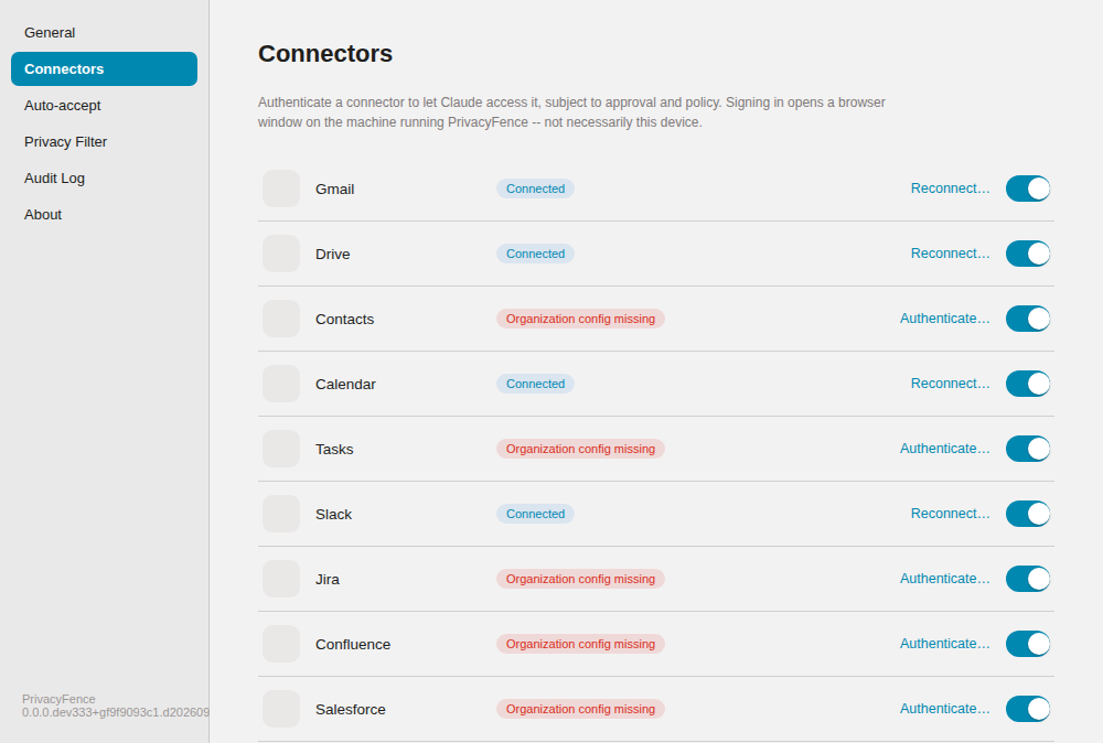 PrivacyFence Settings, Connectors page, showing connector status, org-config requirements, and per-connector authenticate/enable controls