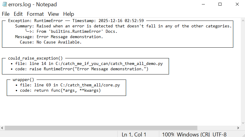 Formatted exception report appended to errors.log file
