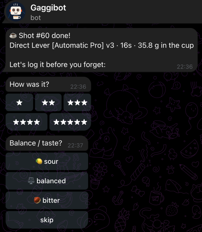 matebot asking for a shot rating on Telegram right after the shot finished