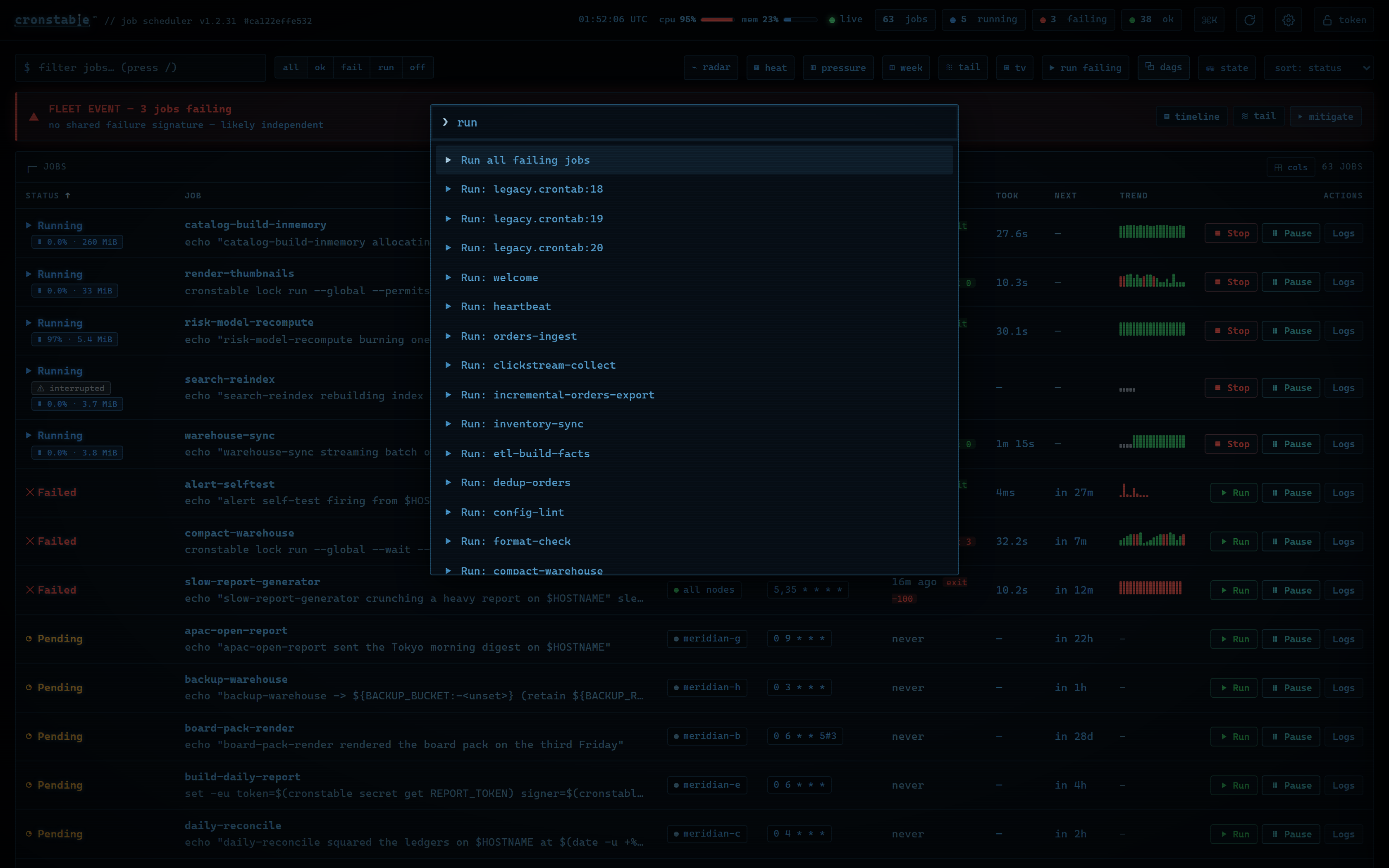 A fuzzy command palette listing run and log actions for each job