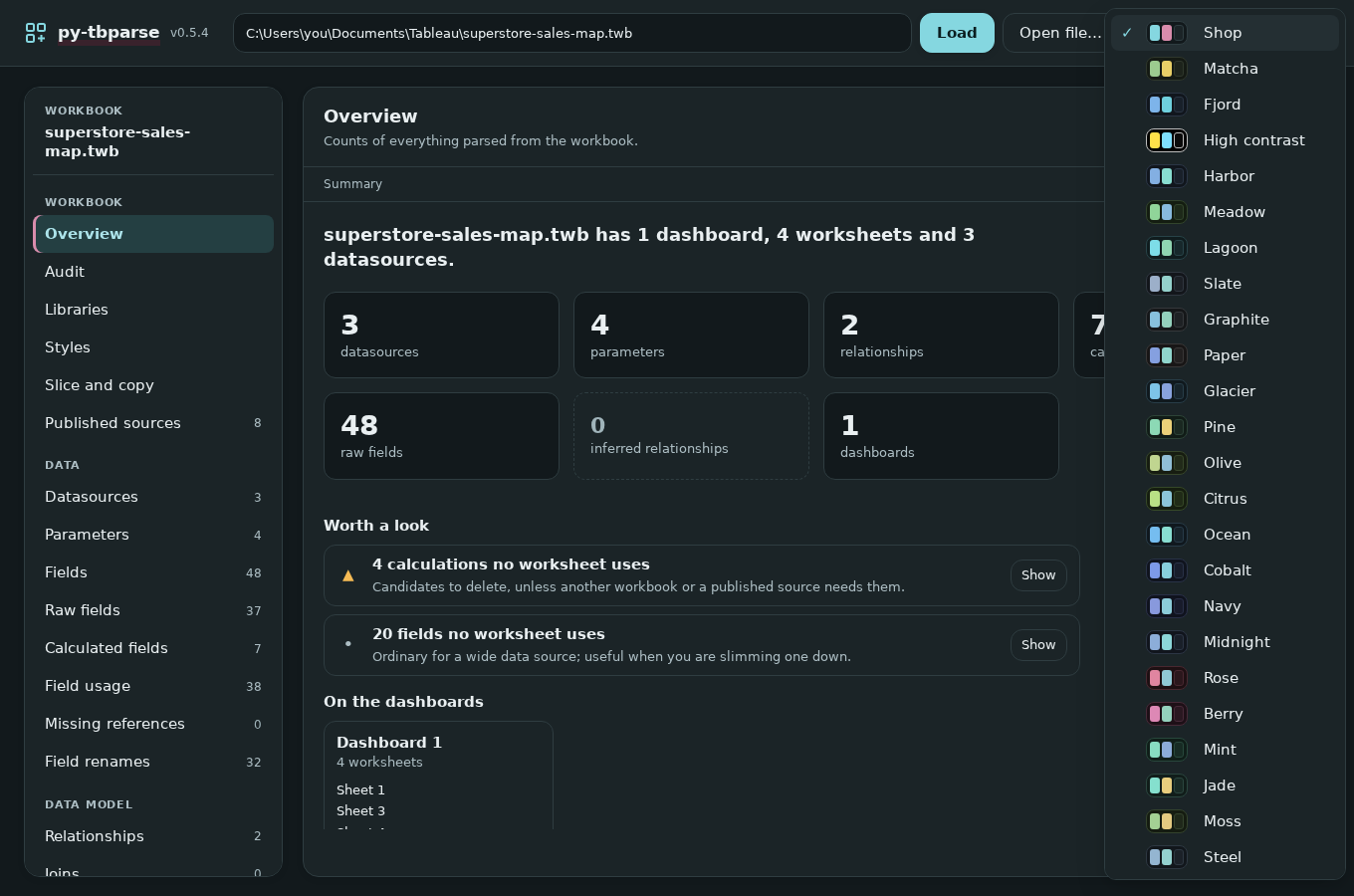 The Overview in dark mode with the Theme menu open: Shop, Matcha, Fjord, High contrast, Harbor and more