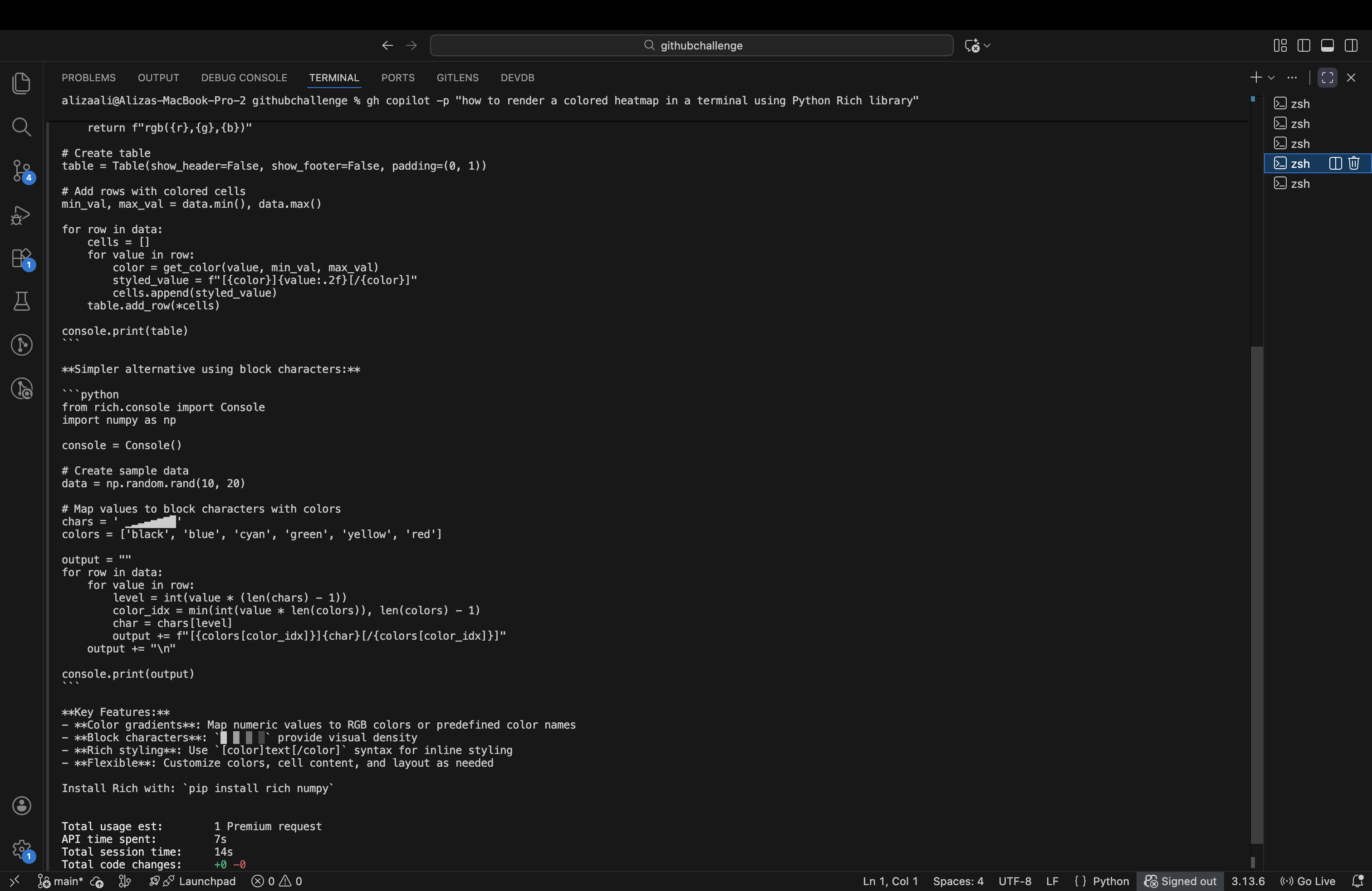 Copilot CLI helping render a colored heatmap with Rich