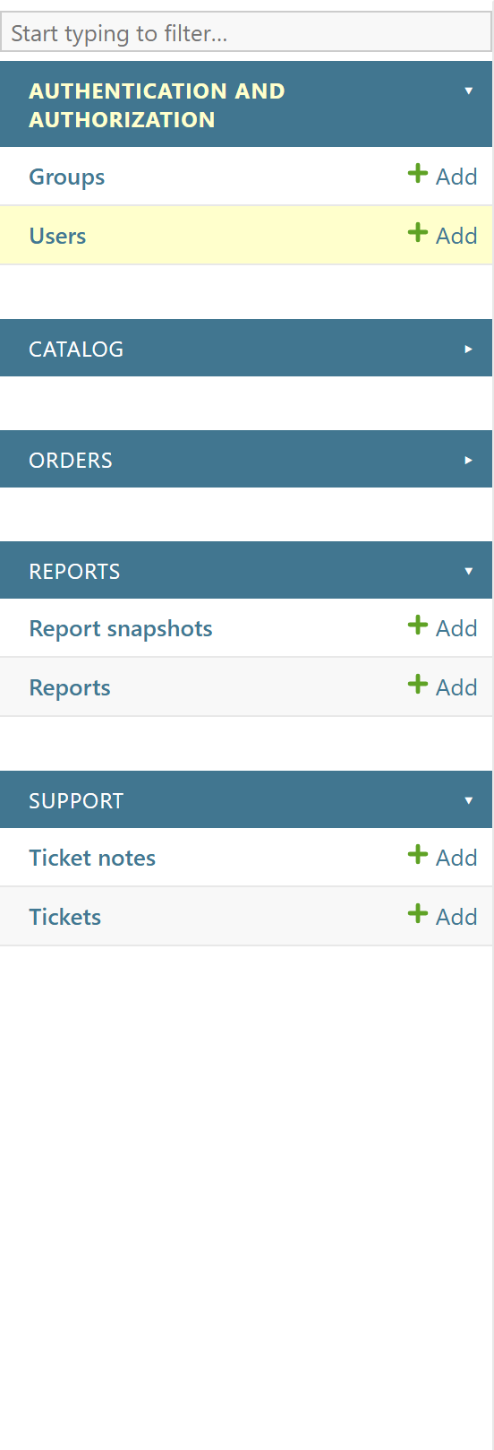 Admin sidebar with Catalog and Orders collapsed