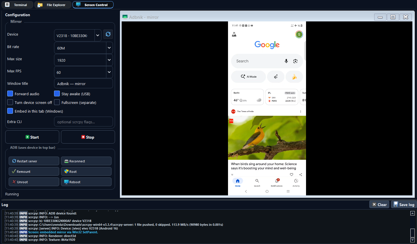 Screen control