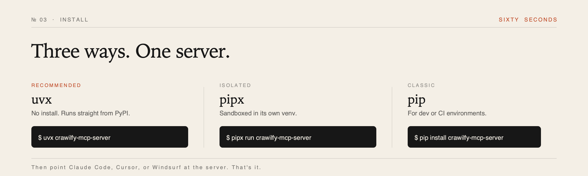 Three install paths — uvx, pipx, pip