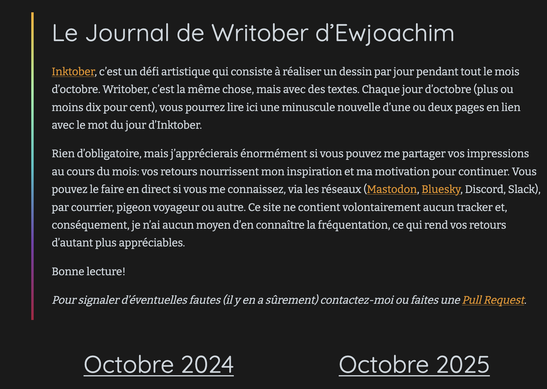 The homepage shows its text and links to the months