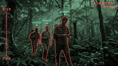 Netrunner: green scenery, red outlined figures with rising Cyber code and yellow overhead carets