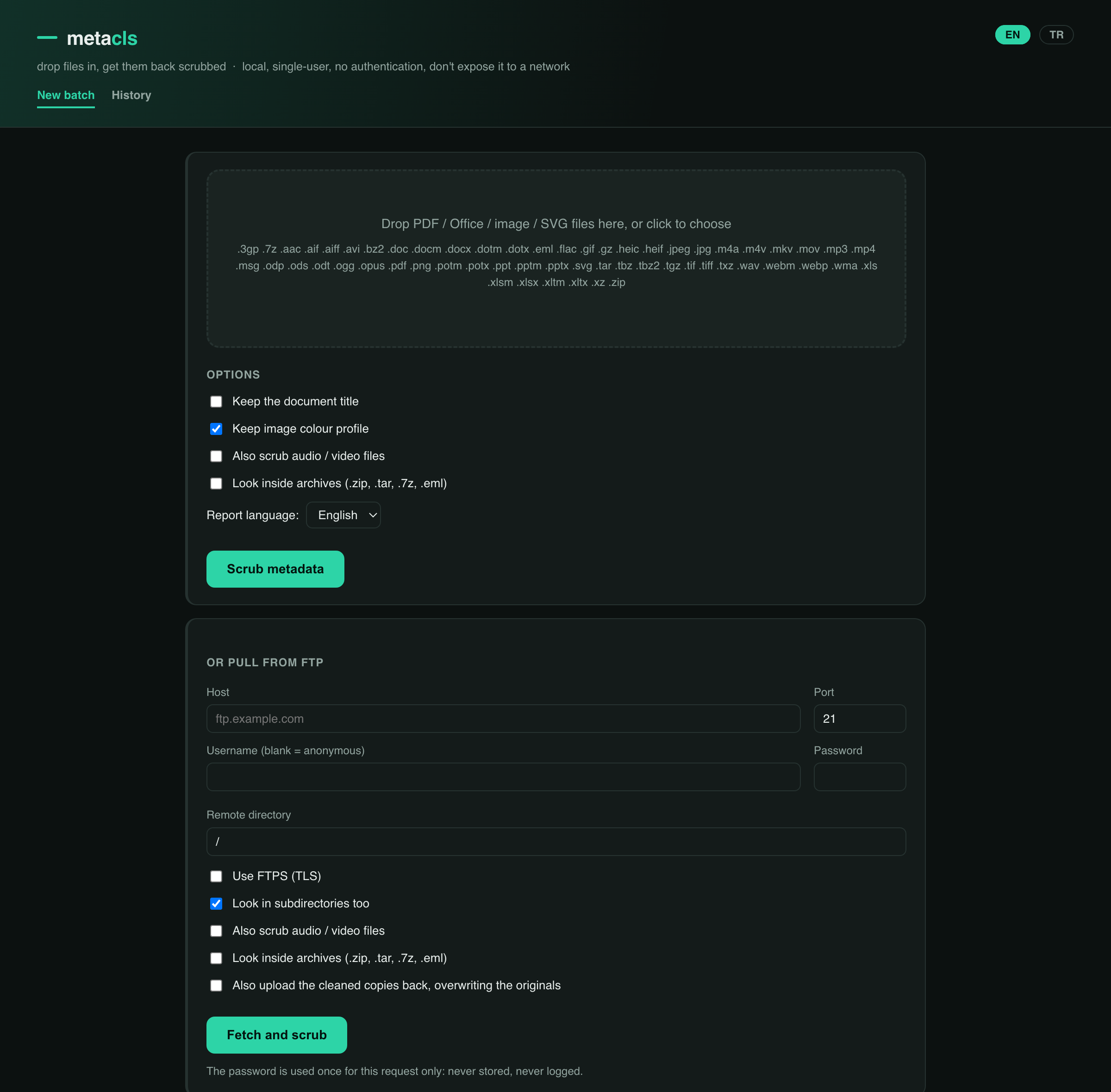 MetaCLS local web UI, drag-and-drop file drop zone