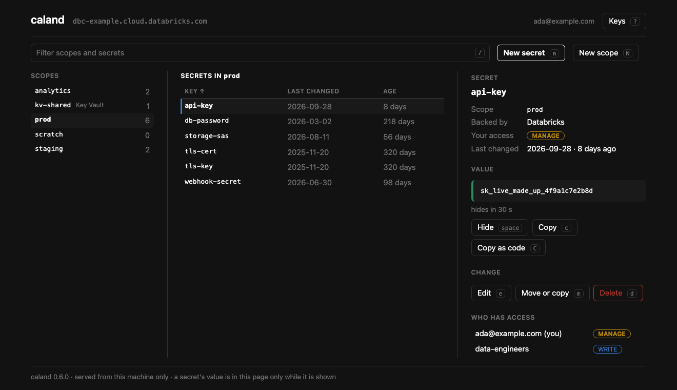 Caland with a secret's value shown