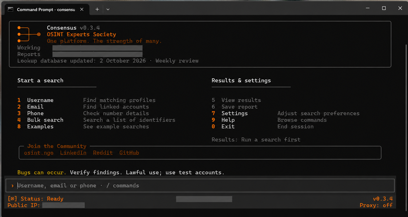 Consensus application start screen with username, email, phone and bulk search options