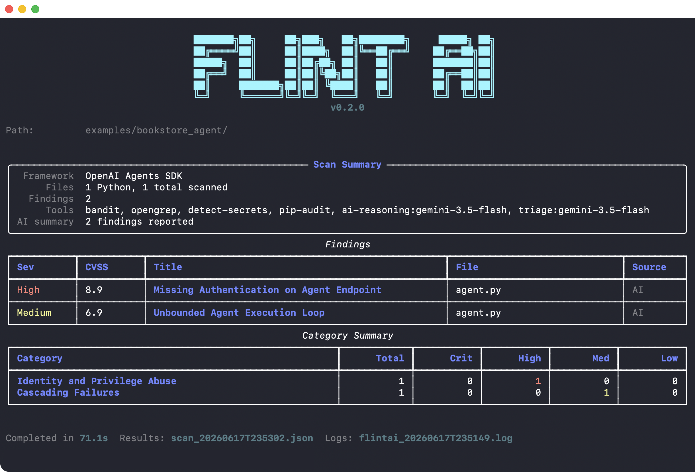 Scan results showing security findings