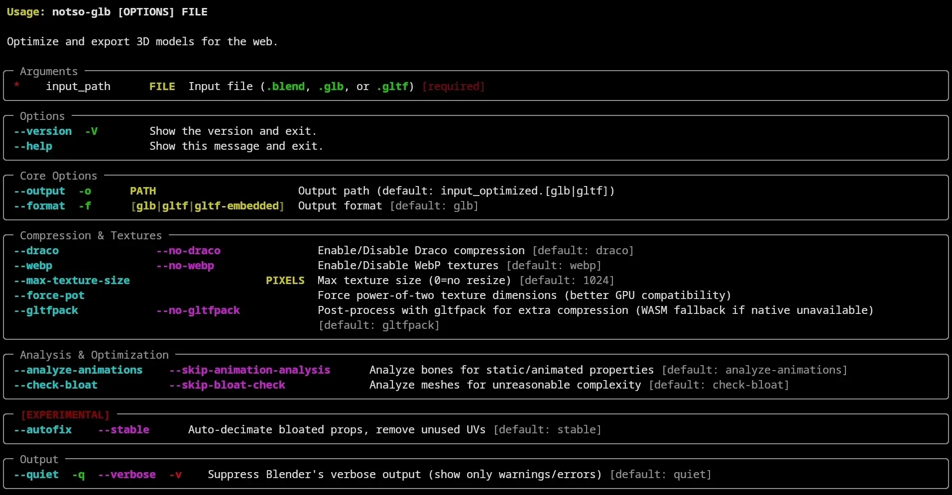 Screenshot with cli options