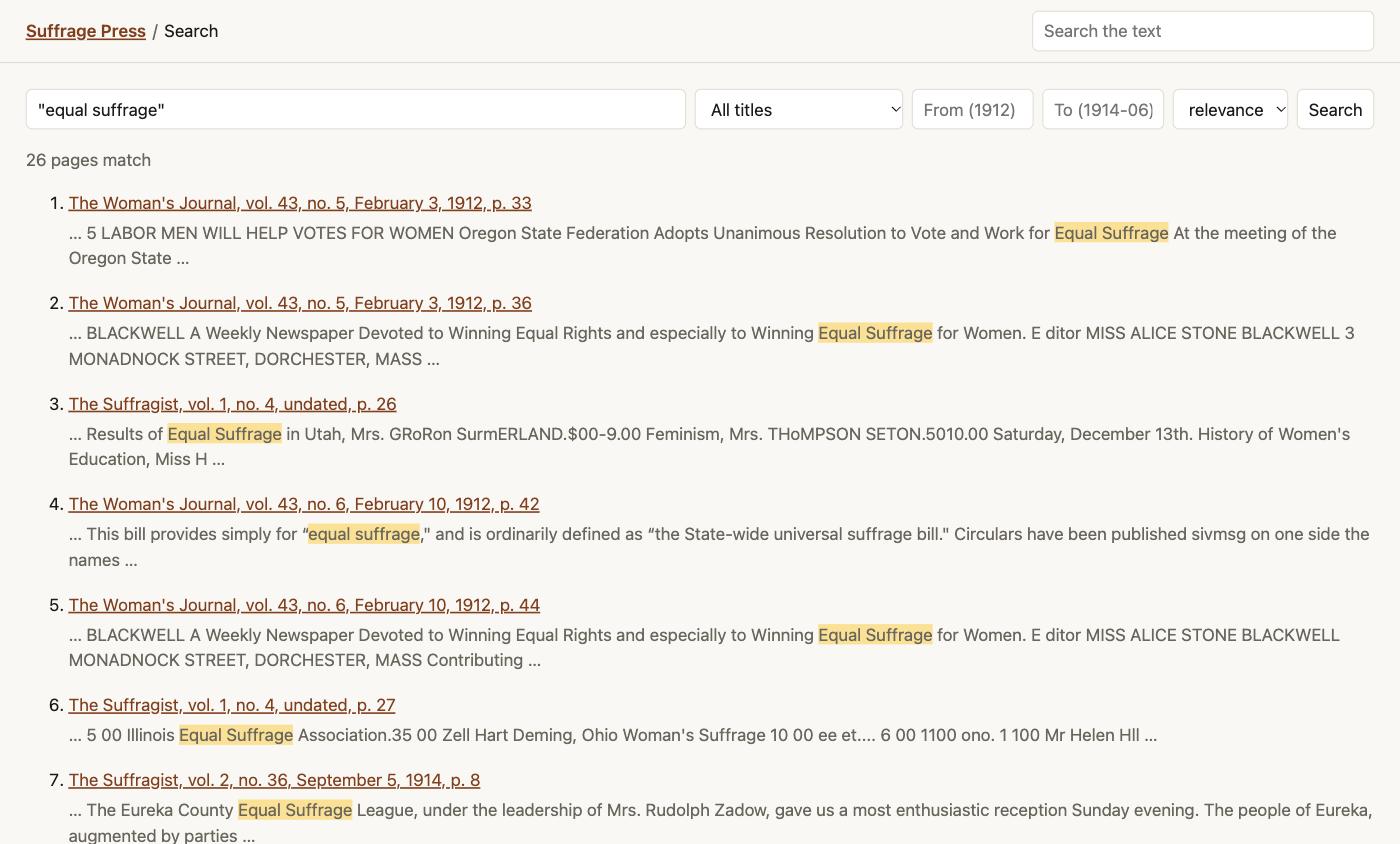 Search results across three suffrage papers, each with a citation and a highlighted snippet