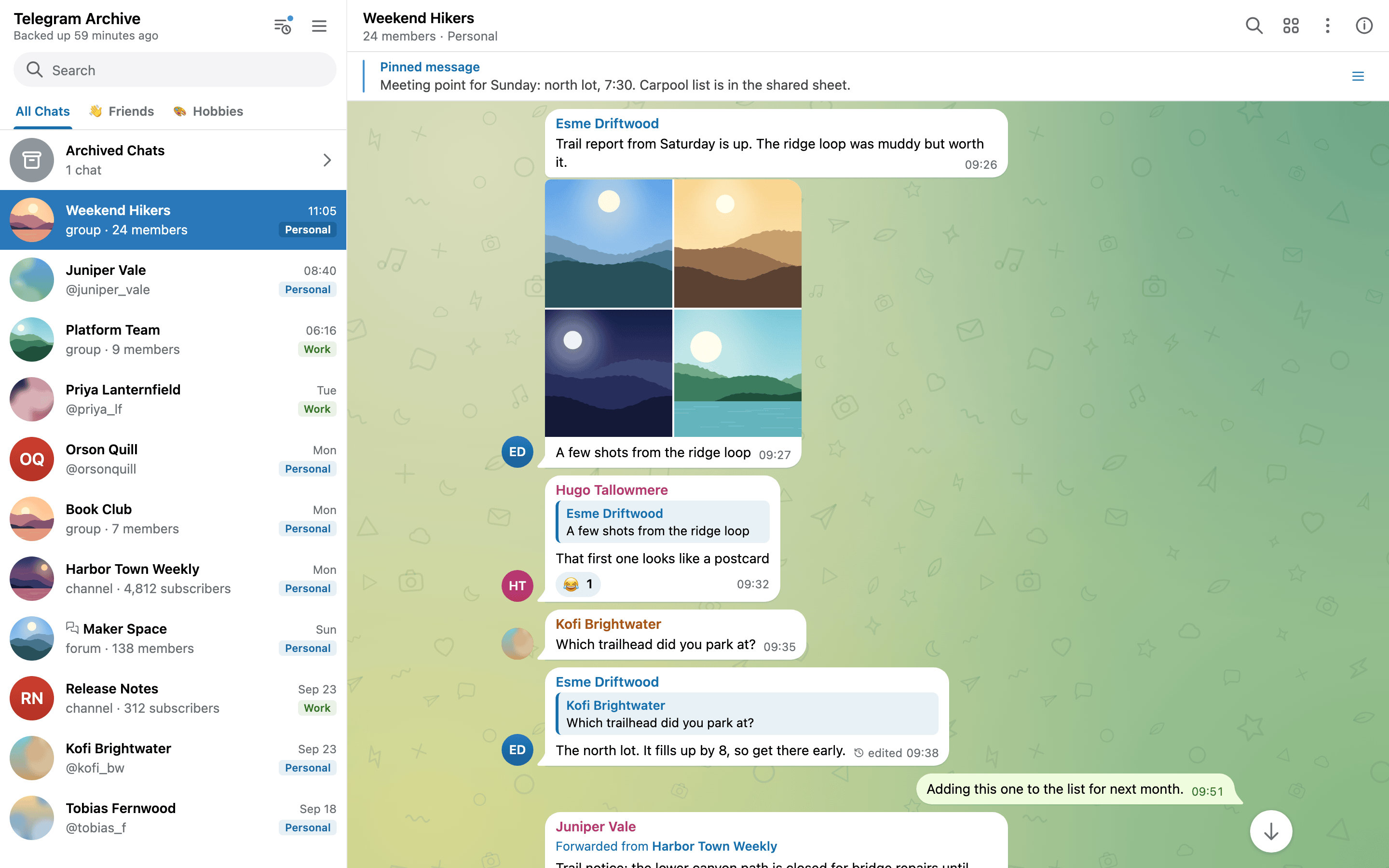A group chat in the viewer, with a pinned message, a four-photo album, replies and reactions