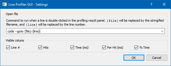 Screenshot of Line Profier GUI application settings window