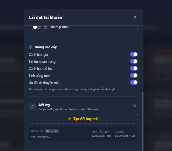 Cửa sổ Cài đặt tài khoản trên finlens.vn, mục API key dùng cho thư viện Python finlens