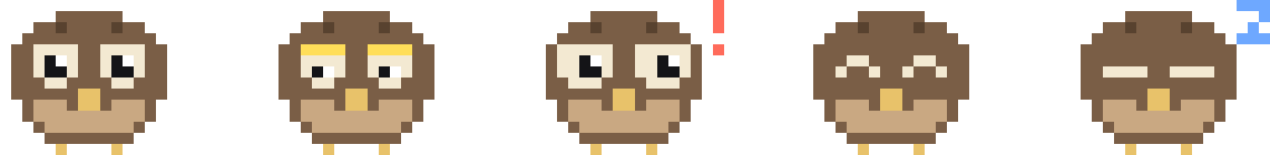 Nightjar's faces: watching, suspicious, alarmed, calm, resting