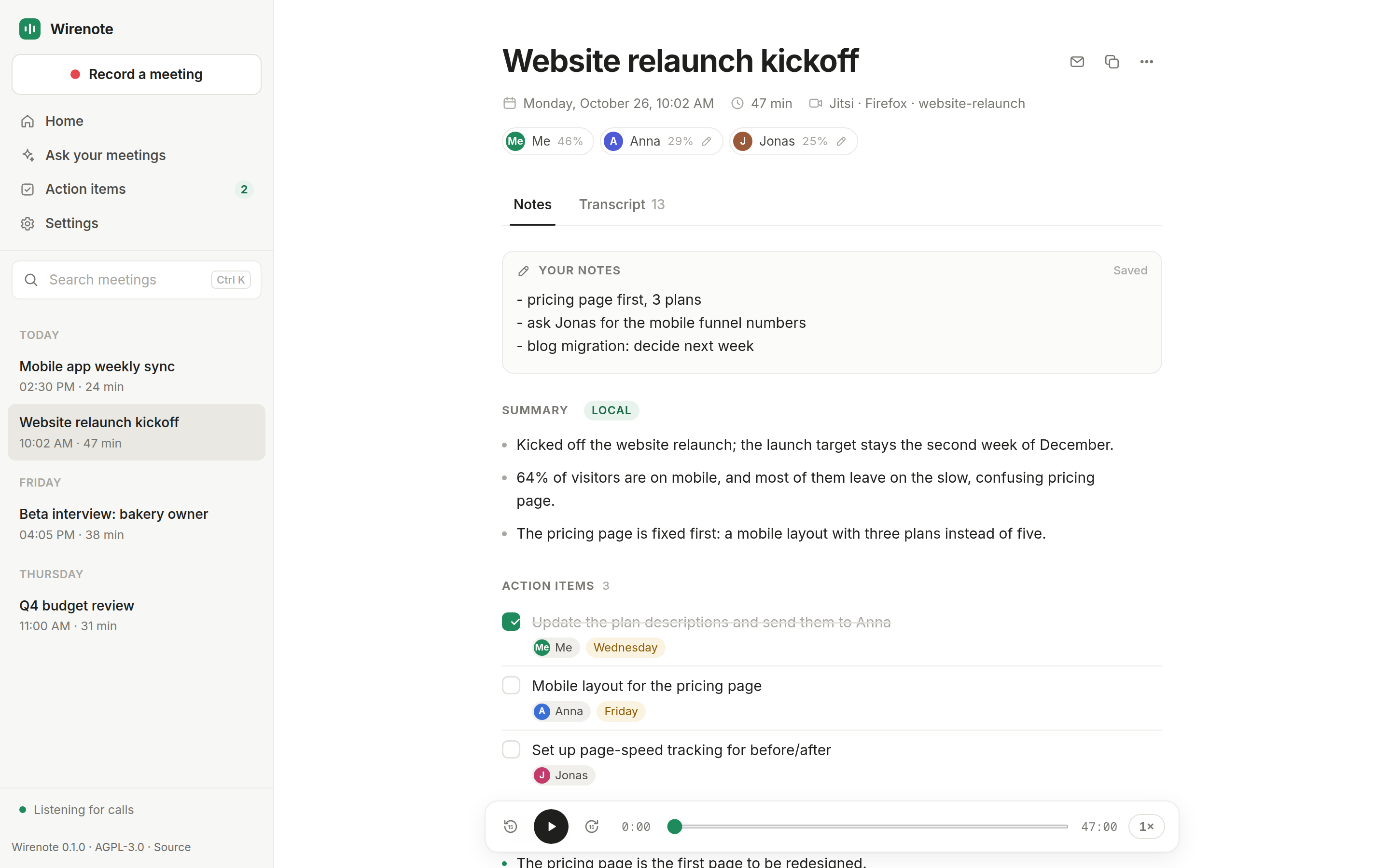 Wirenote's meetings app