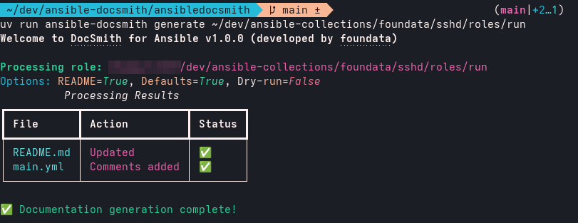 Screenshot: DocSmith CLI, generate; Results for foundata.sshd.run