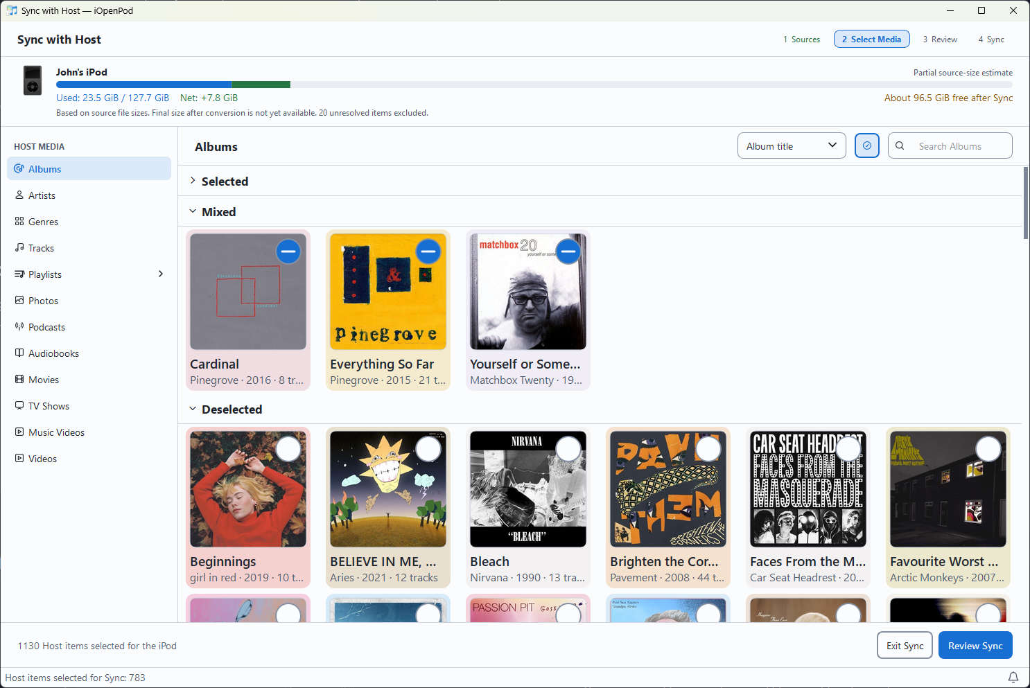 Sync media selection with albums grouped as selected, mixed, and deselected